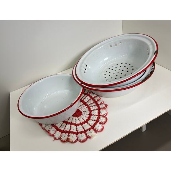 Red & White Enamelware Set – Colander + Nesting Bowl + Prep Bowl Farmhouse Decor - Picture 1 of 6